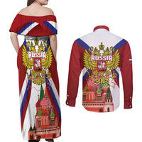 Russia Day Couples Matching Off Shoulder Maxi Dress and Long Sleeve Button Shirt Coat Of Arms With Saint Basil's Cathedral