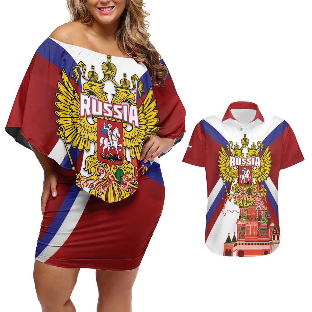 Russia Day Couples Matching Off Shoulder Short Dress and Hawaiian Shirt Coat Of Arms With Saint Basil's Cathedral