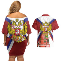 Russia Day Couples Matching Off Shoulder Short Dress and Hawaiian Shirt Coat Of Arms With Saint Basil's Cathedral