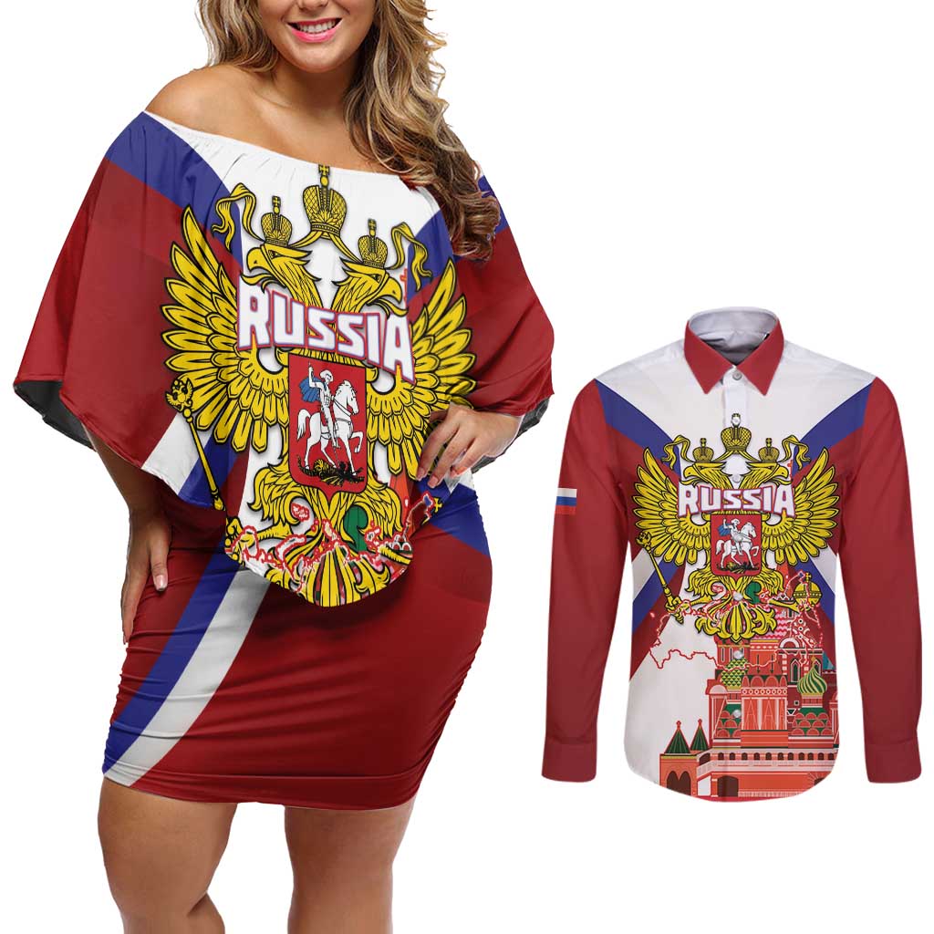 Russia Day Couples Matching Off Shoulder Short Dress and Long Sleeve Button Shirt Coat Of Arms With Saint Basil's Cathedral