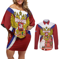 Russia Day Couples Matching Off Shoulder Short Dress and Long Sleeve Button Shirt Coat Of Arms With Saint Basil's Cathedral