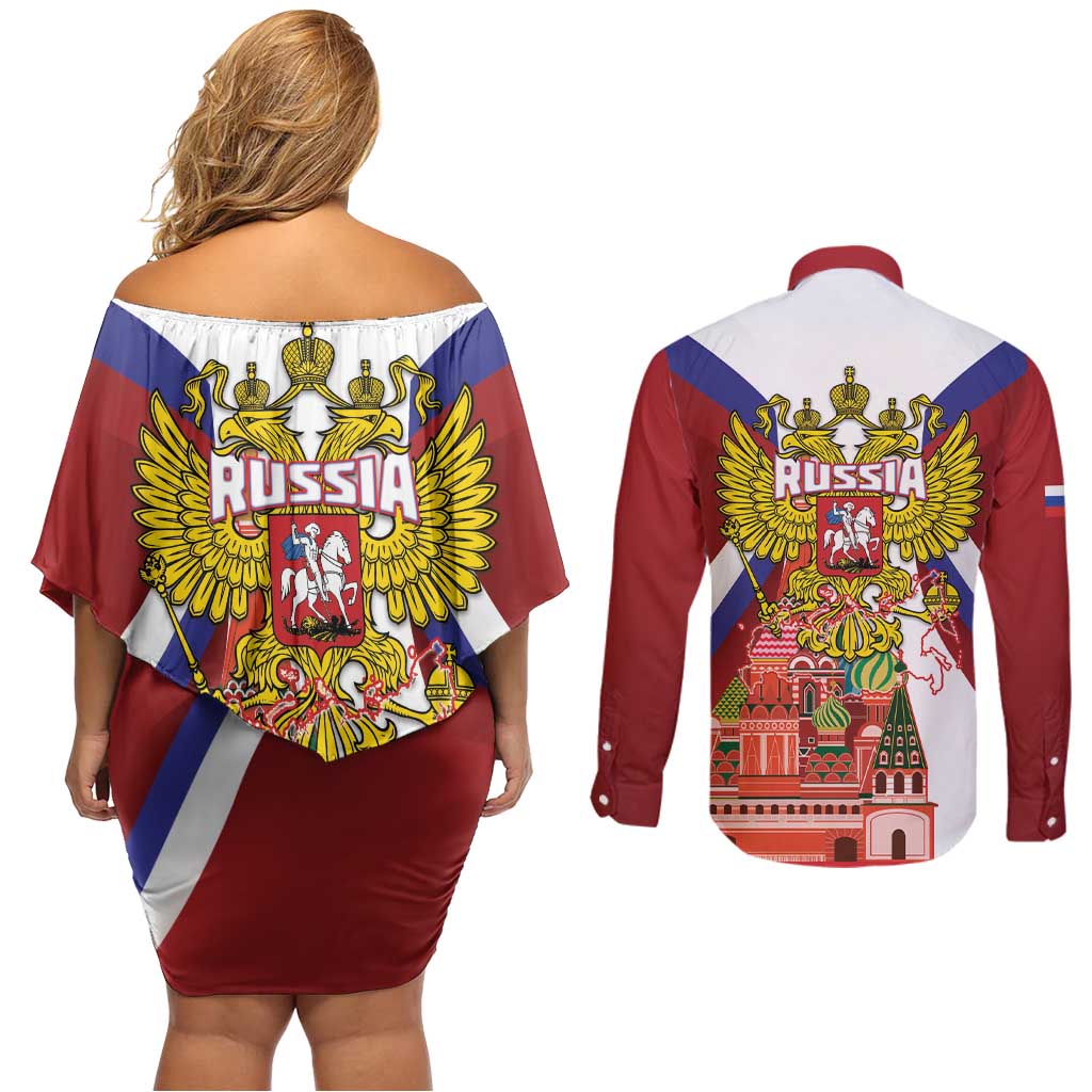 Russia Day Couples Matching Off Shoulder Short Dress and Long Sleeve Button Shirt Coat Of Arms With Saint Basil's Cathedral