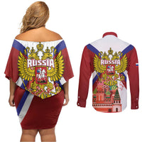 Russia Day Couples Matching Off Shoulder Short Dress and Long Sleeve Button Shirt Coat Of Arms With Saint Basil's Cathedral