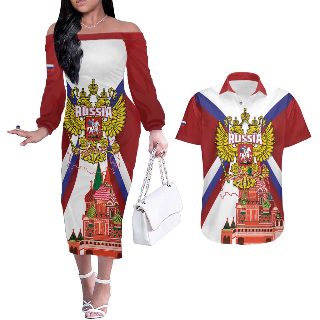 Russia Day Couples Matching Off The Shoulder Long Sleeve Dress and Hawaiian Shirt Coat Of Arms With Saint Basil's Cathedral
