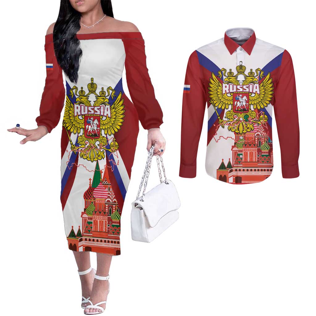 Russia Day Couples Matching Off The Shoulder Long Sleeve Dress and Long Sleeve Button Shirt Coat Of Arms With Saint Basil's Cathedral