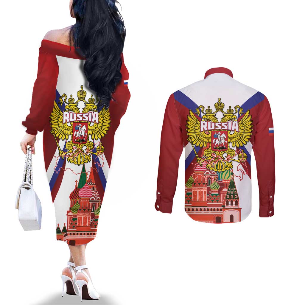 Russia Day Couples Matching Off The Shoulder Long Sleeve Dress and Long Sleeve Button Shirt Coat Of Arms With Saint Basil's Cathedral
