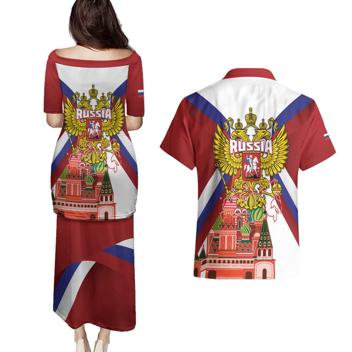 Russia Day Couples Matching Puletasi and Hawaiian Shirt Coat Of Arms With Saint Basil's Cathedral