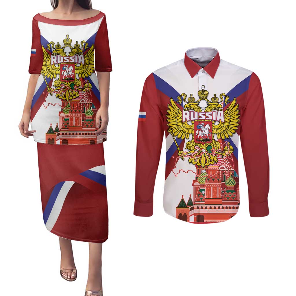 Russia Day Couples Matching Puletasi and Long Sleeve Button Shirt Coat Of Arms With Saint Basil's Cathedral