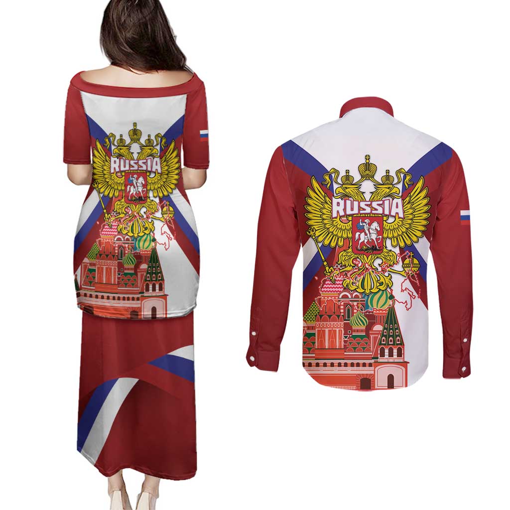Russia Day Couples Matching Puletasi and Long Sleeve Button Shirt Coat Of Arms With Saint Basil's Cathedral