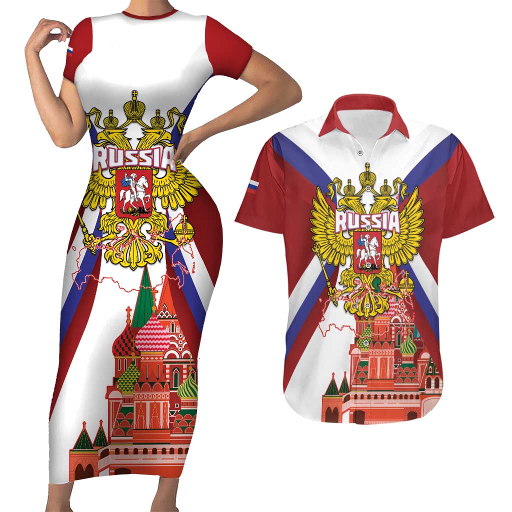 Russia Day Couples Matching Short Sleeve Bodycon Dress and Hawaiian Shirt Coat Of Arms With Saint Basil's Cathedral
