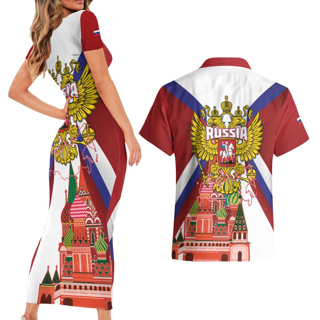 Russia Day Couples Matching Short Sleeve Bodycon Dress and Hawaiian Shirt Coat Of Arms With Saint Basil's Cathedral