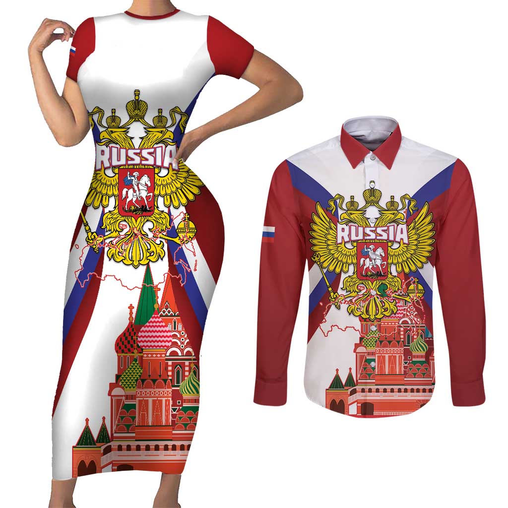 Russia Day Couples Matching Short Sleeve Bodycon Dress and Long Sleeve Button Shirt Coat Of Arms With Saint Basil's Cathedral