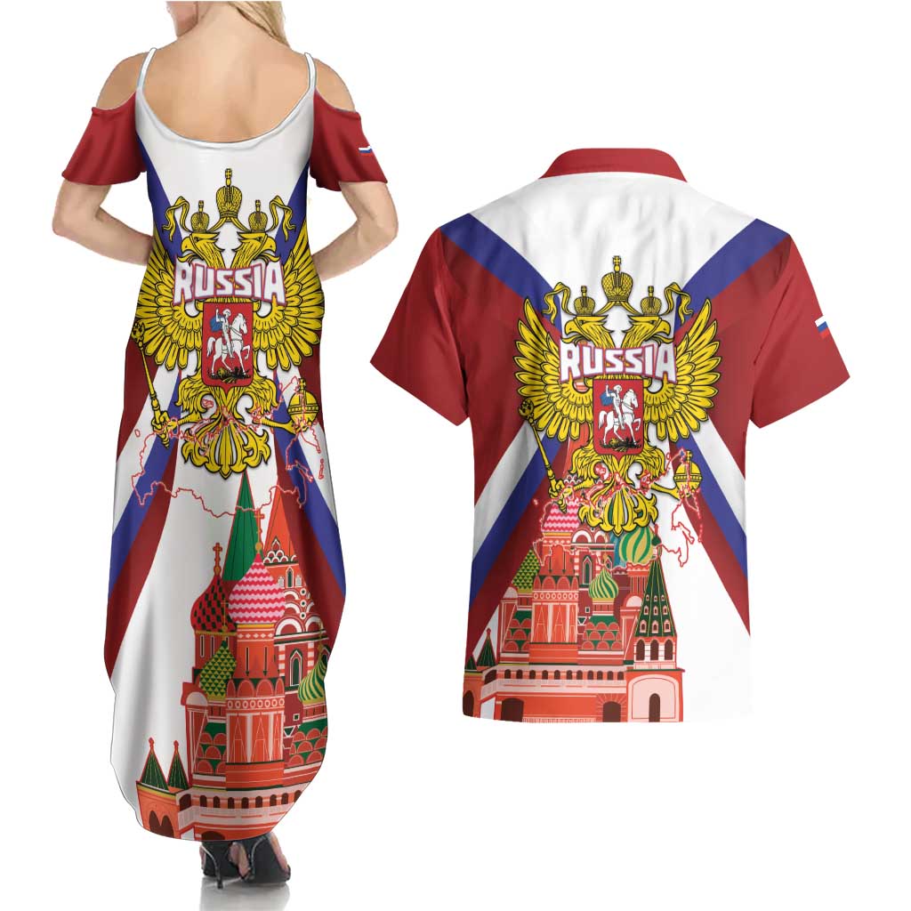 Russia Day Couples Matching Summer Maxi Dress and Hawaiian Shirt Coat Of Arms With Saint Basil's Cathedral