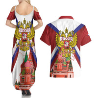 Russia Day Couples Matching Summer Maxi Dress and Hawaiian Shirt Coat Of Arms With Saint Basil's Cathedral