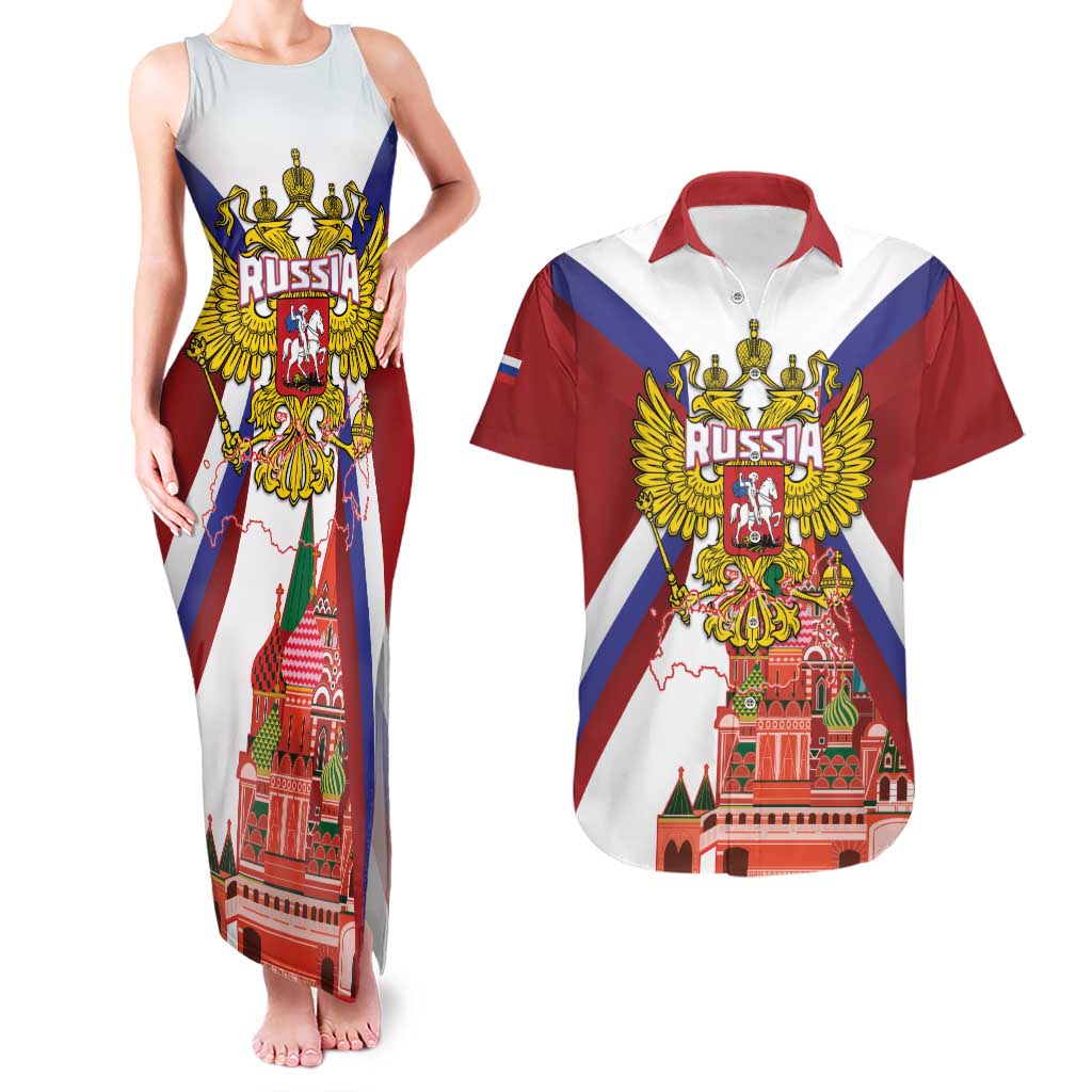 Russia Day Couples Matching Tank Maxi Dress and Hawaiian Shirt Coat Of Arms With Saint Basil's Cathedral