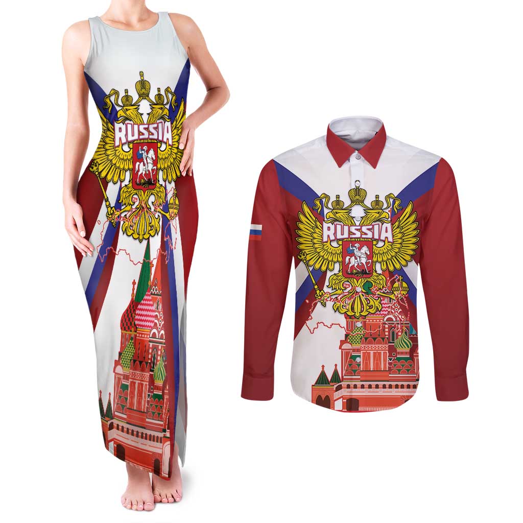 Russia Day Couples Matching Tank Maxi Dress and Long Sleeve Button Shirt Coat Of Arms With Saint Basil's Cathedral