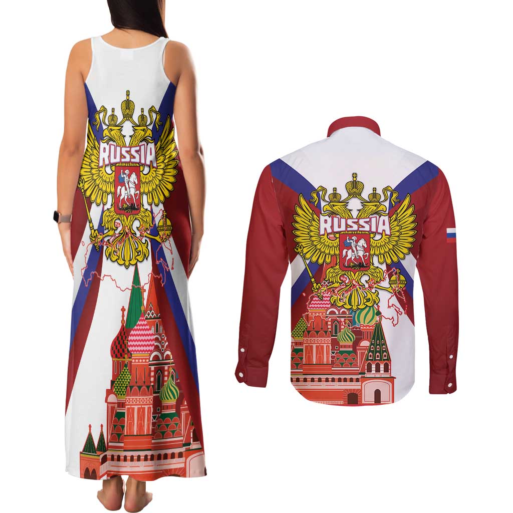 Russia Day Couples Matching Tank Maxi Dress and Long Sleeve Button Shirt Coat Of Arms With Saint Basil's Cathedral