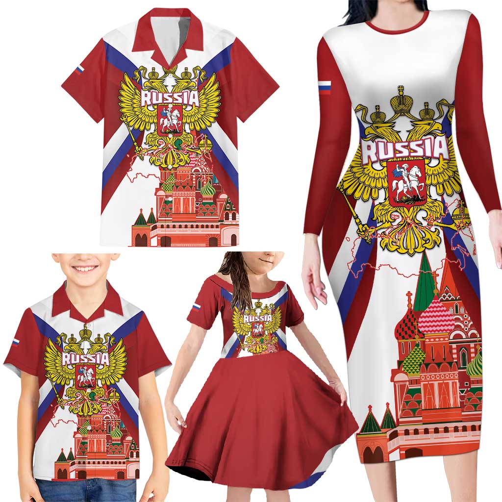 Russia Day Family Matching Long Sleeve Bodycon Dress and Hawaiian Shirt Coat Of Arms With Saint Basil's Cathedral