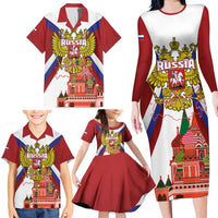 Russia Day Family Matching Long Sleeve Bodycon Dress and Hawaiian Shirt Coat Of Arms With Saint Basil's Cathedral