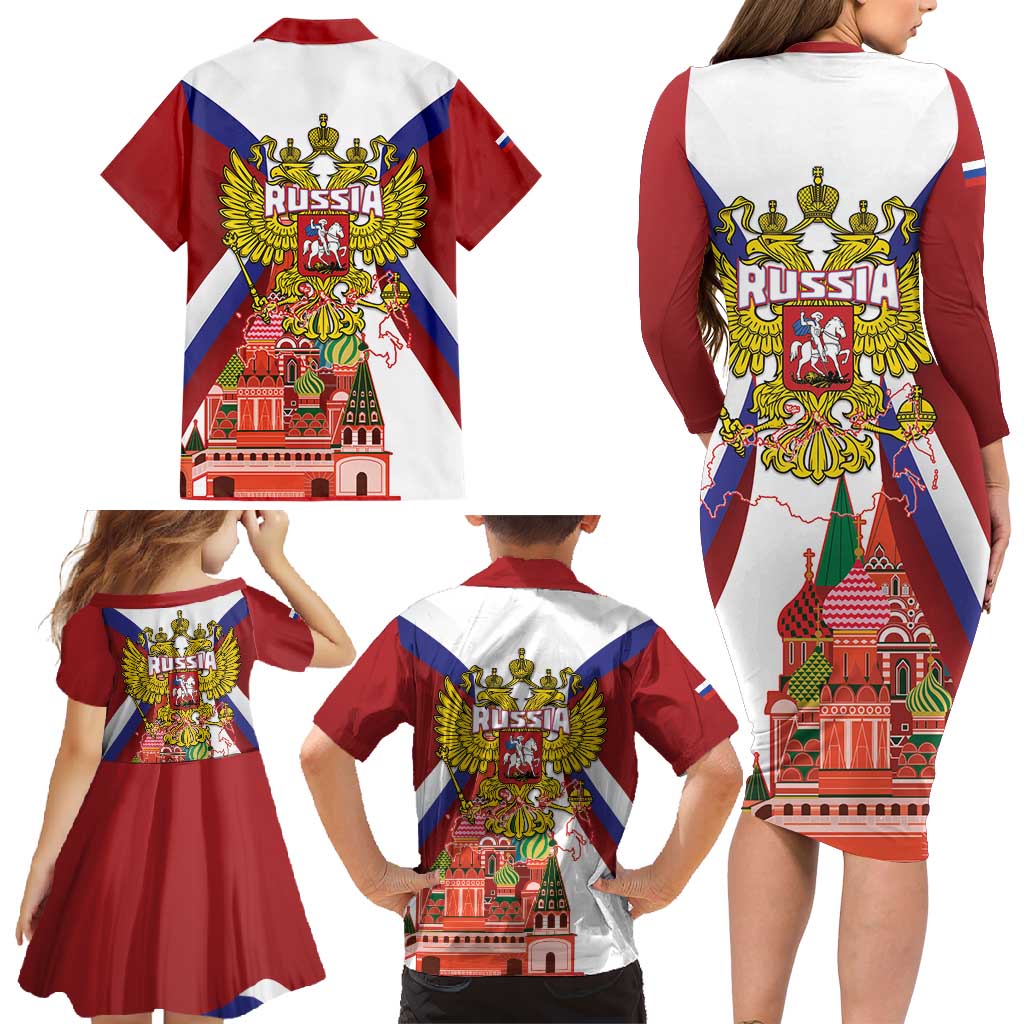 Russia Day Family Matching Long Sleeve Bodycon Dress and Hawaiian Shirt Coat Of Arms With Saint Basil's Cathedral