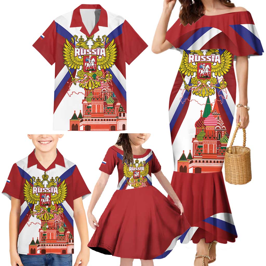 Russia Day Family Matching Mermaid Dress and Hawaiian Shirt Coat Of Arms With Saint Basil's Cathedral