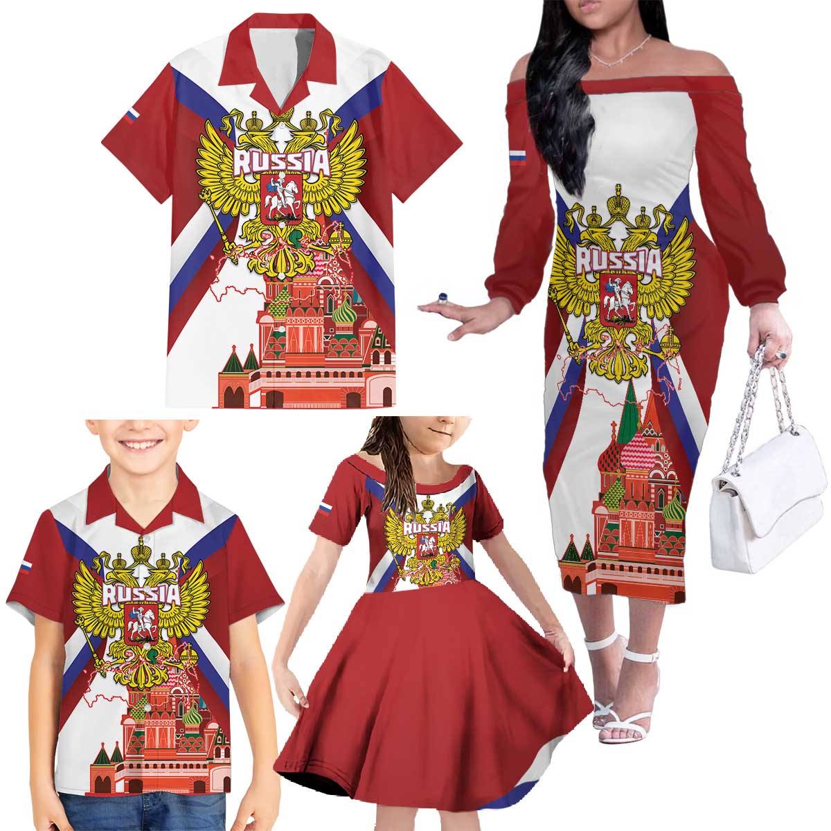 Russia Day Family Matching Off The Shoulder Long Sleeve Dress and Hawaiian Shirt Coat Of Arms With Saint Basil's Cathedral