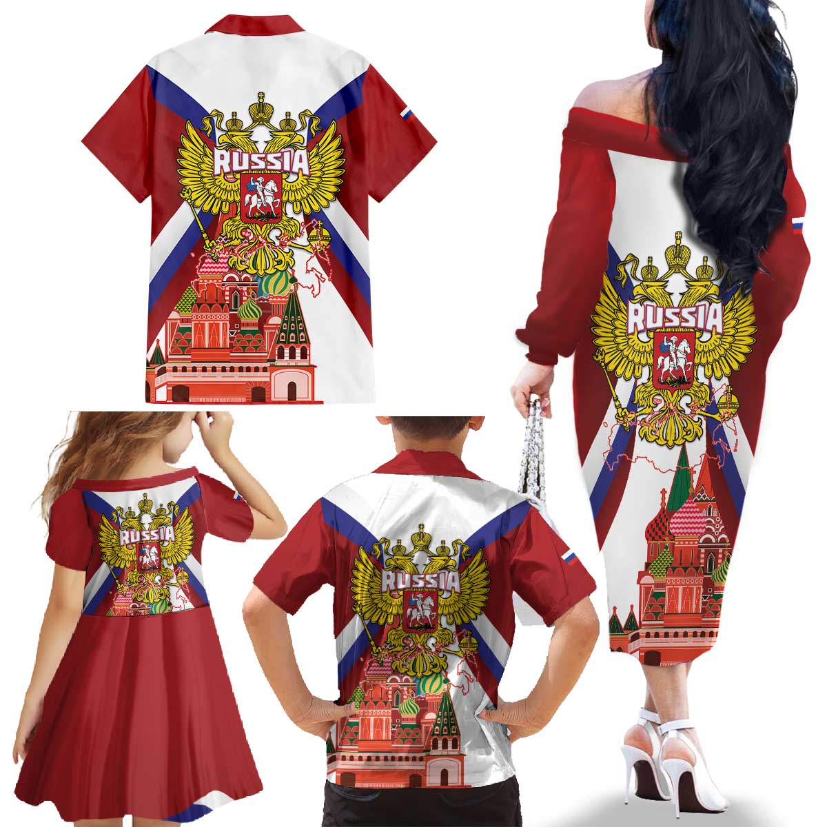 Russia Day Family Matching Off The Shoulder Long Sleeve Dress and Hawaiian Shirt Coat Of Arms With Saint Basil's Cathedral
