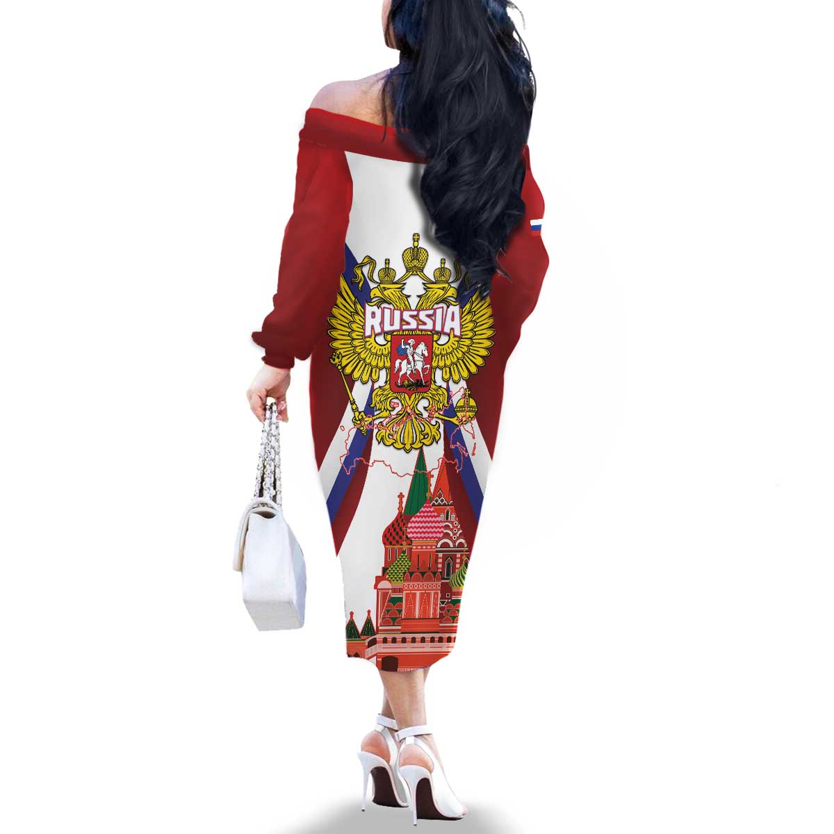 Russia Day Family Matching Off The Shoulder Long Sleeve Dress and Hawaiian Shirt Coat Of Arms With Saint Basil's Cathedral