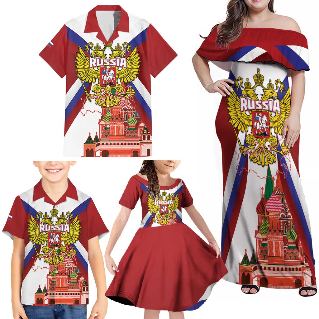 Russia Day Family Matching Off Shoulder Maxi Dress and Hawaiian Shirt Coat Of Arms With Saint Basil's Cathedral