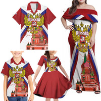 Russia Day Family Matching Off Shoulder Maxi Dress and Hawaiian Shirt Coat Of Arms With Saint Basil's Cathedral