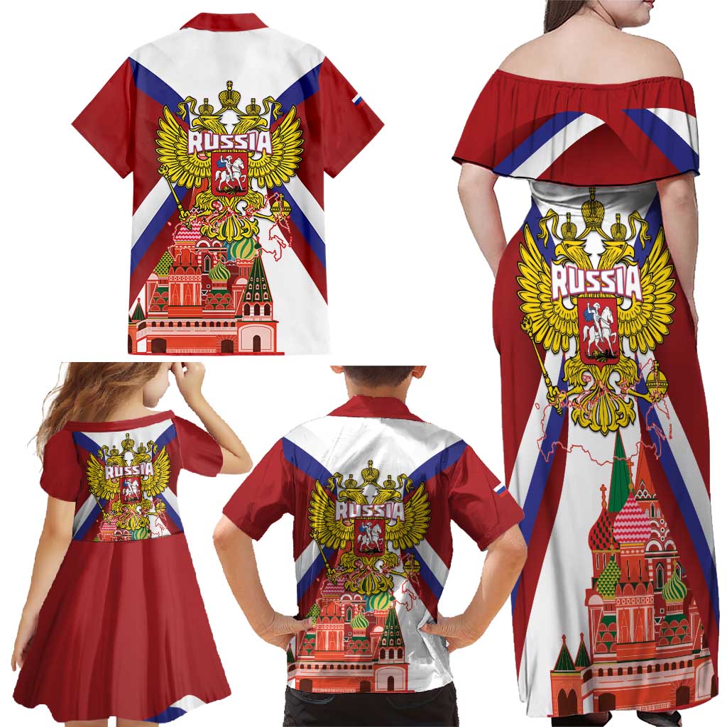 Russia Day Family Matching Off Shoulder Maxi Dress and Hawaiian Shirt Coat Of Arms With Saint Basil's Cathedral