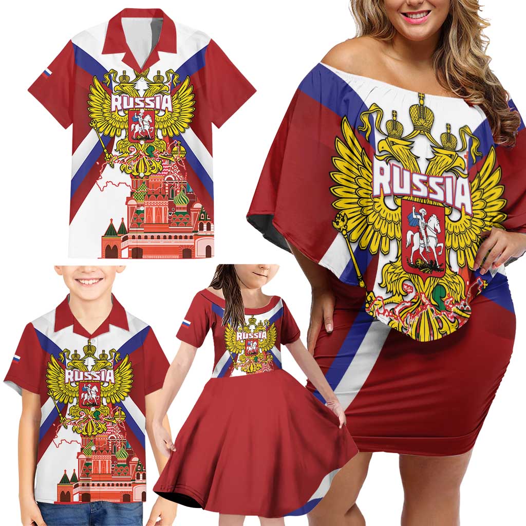 Russia Day Family Matching Off Shoulder Short Dress and Hawaiian Shirt Coat Of Arms With Saint Basil's Cathedral