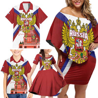 Russia Day Family Matching Off Shoulder Short Dress and Hawaiian Shirt Coat Of Arms With Saint Basil's Cathedral