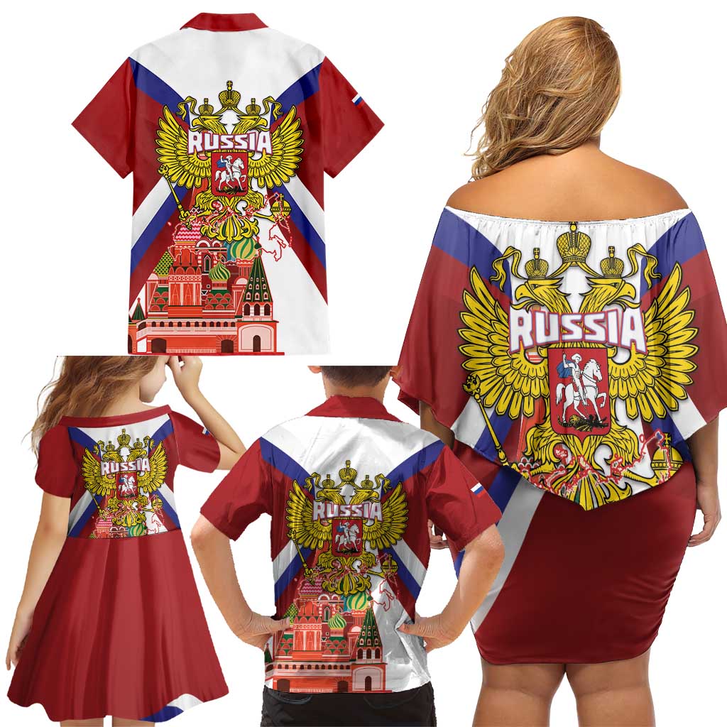 Russia Day Family Matching Off Shoulder Short Dress and Hawaiian Shirt Coat Of Arms With Saint Basil's Cathedral