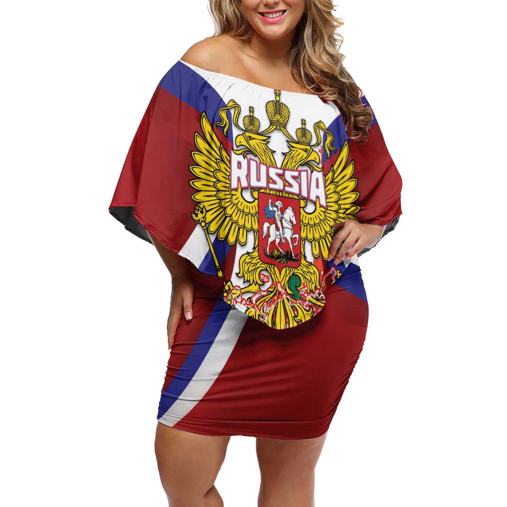 Russia Day Family Matching Off Shoulder Short Dress and Hawaiian Shirt Coat Of Arms With Saint Basil's Cathedral