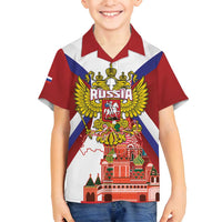 Russia Day Family Matching Off Shoulder Short Dress and Hawaiian Shirt Coat Of Arms With Saint Basil's Cathedral