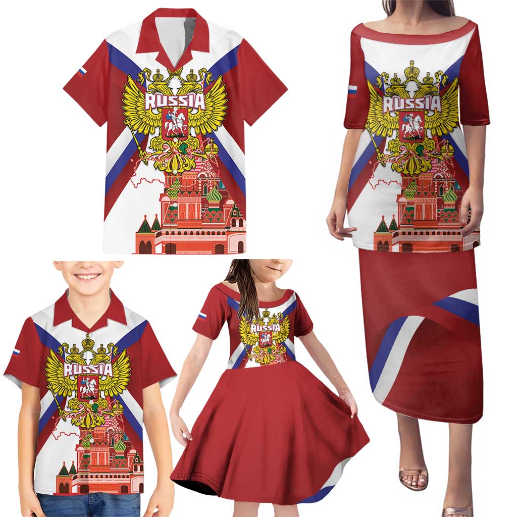 Russia Day Family Matching Puletasi and Hawaiian Shirt Coat Of Arms With Saint Basil's Cathedral