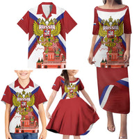 Russia Day Family Matching Puletasi and Hawaiian Shirt Coat Of Arms With Saint Basil's Cathedral
