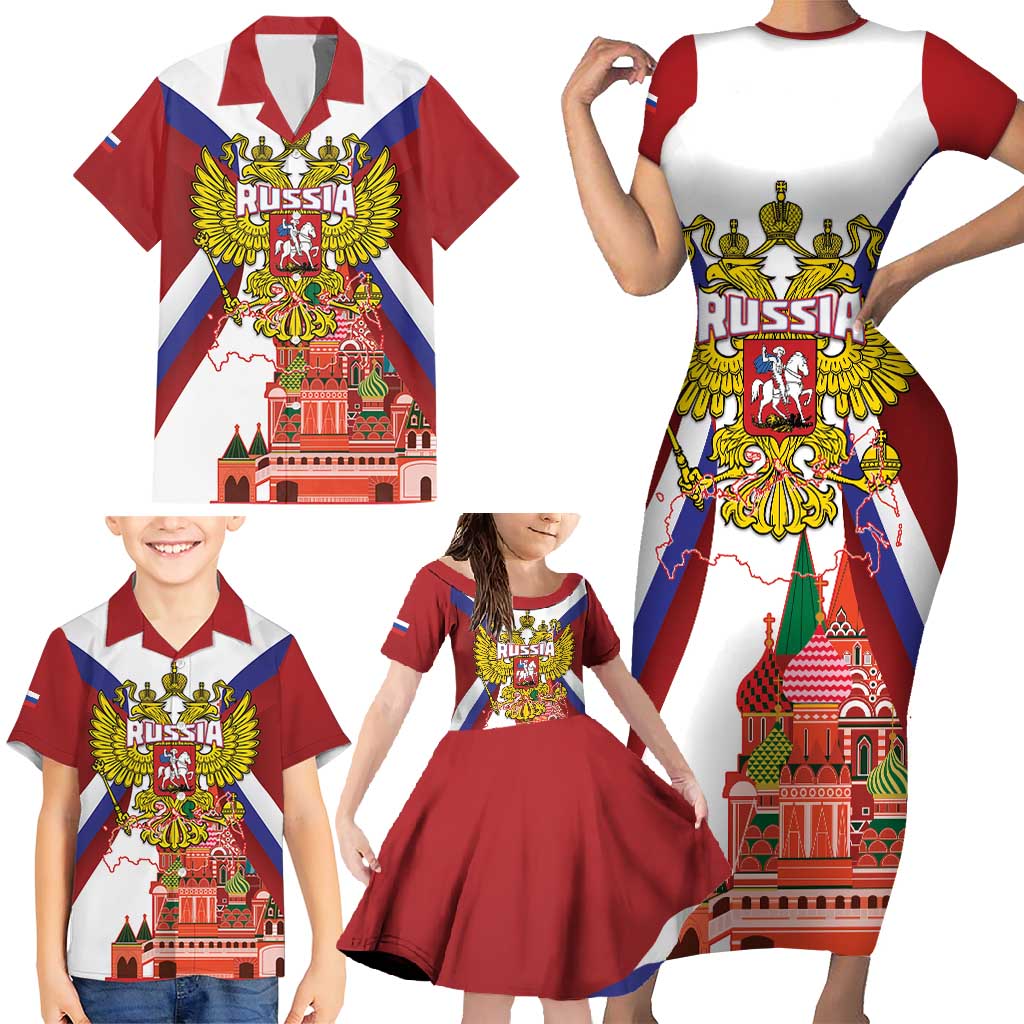Russia Day Family Matching Short Sleeve Bodycon Dress and Hawaiian Shirt Coat Of Arms With Saint Basil's Cathedral