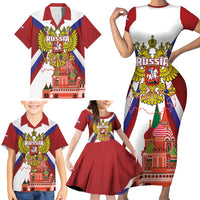 Russia Day Family Matching Short Sleeve Bodycon Dress and Hawaiian Shirt Coat Of Arms With Saint Basil's Cathedral