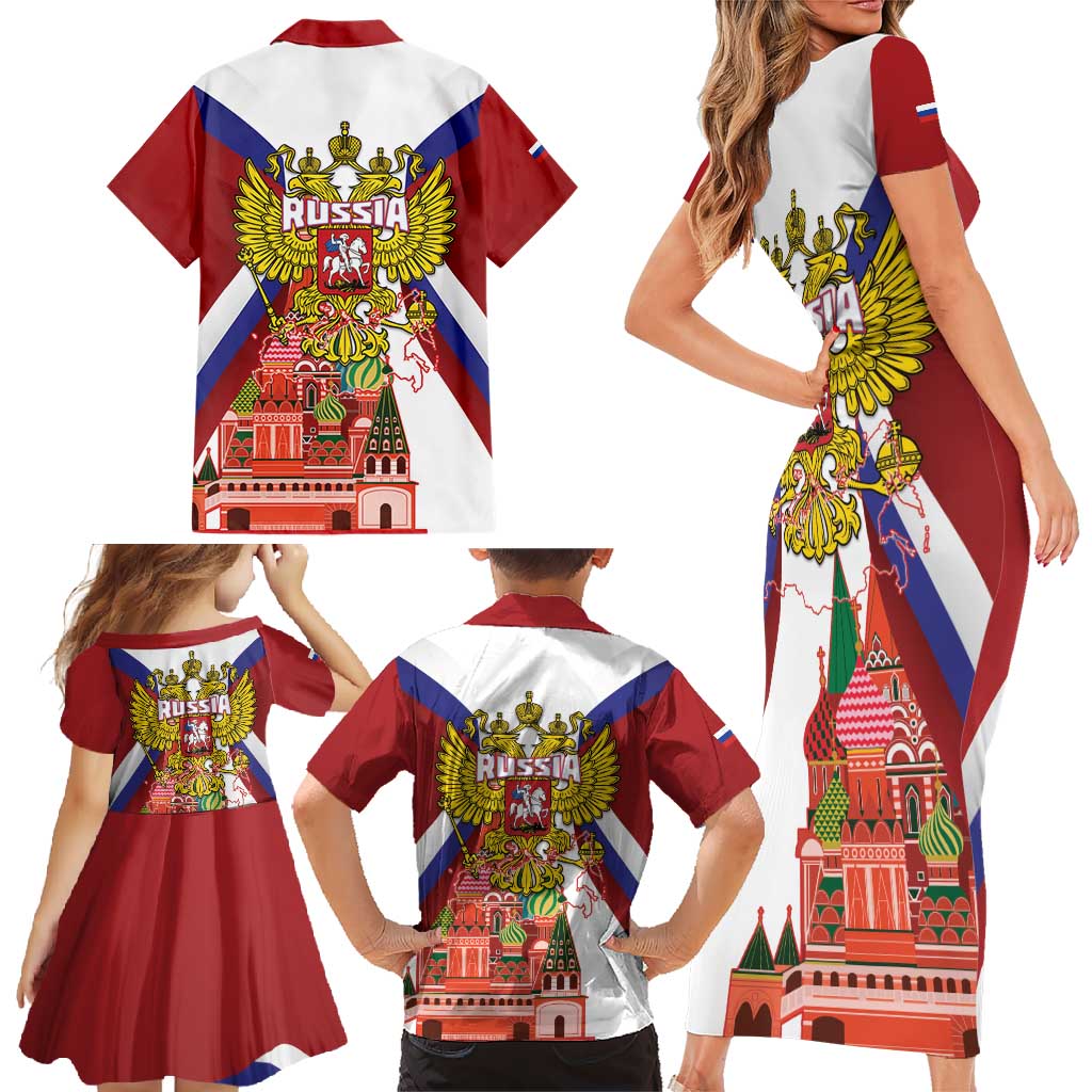 Russia Day Family Matching Short Sleeve Bodycon Dress and Hawaiian Shirt Coat Of Arms With Saint Basil's Cathedral