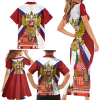 Russia Day Family Matching Short Sleeve Bodycon Dress and Hawaiian Shirt Coat Of Arms With Saint Basil's Cathedral