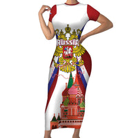 Russia Day Family Matching Short Sleeve Bodycon Dress and Hawaiian Shirt Coat Of Arms With Saint Basil's Cathedral