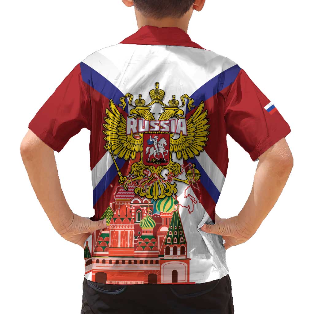 Russia Day Family Matching Summer Maxi Dress and Hawaiian Shirt Coat Of Arms With Saint Basil's Cathedral
