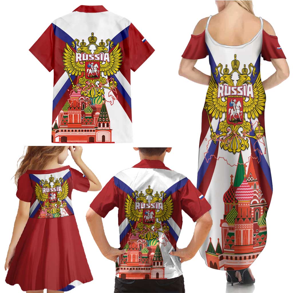 Russia Day Family Matching Summer Maxi Dress and Hawaiian Shirt Coat Of Arms With Saint Basil's Cathedral