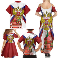 Russia Day Family Matching Summer Maxi Dress and Hawaiian Shirt Coat Of Arms With Saint Basil's Cathedral