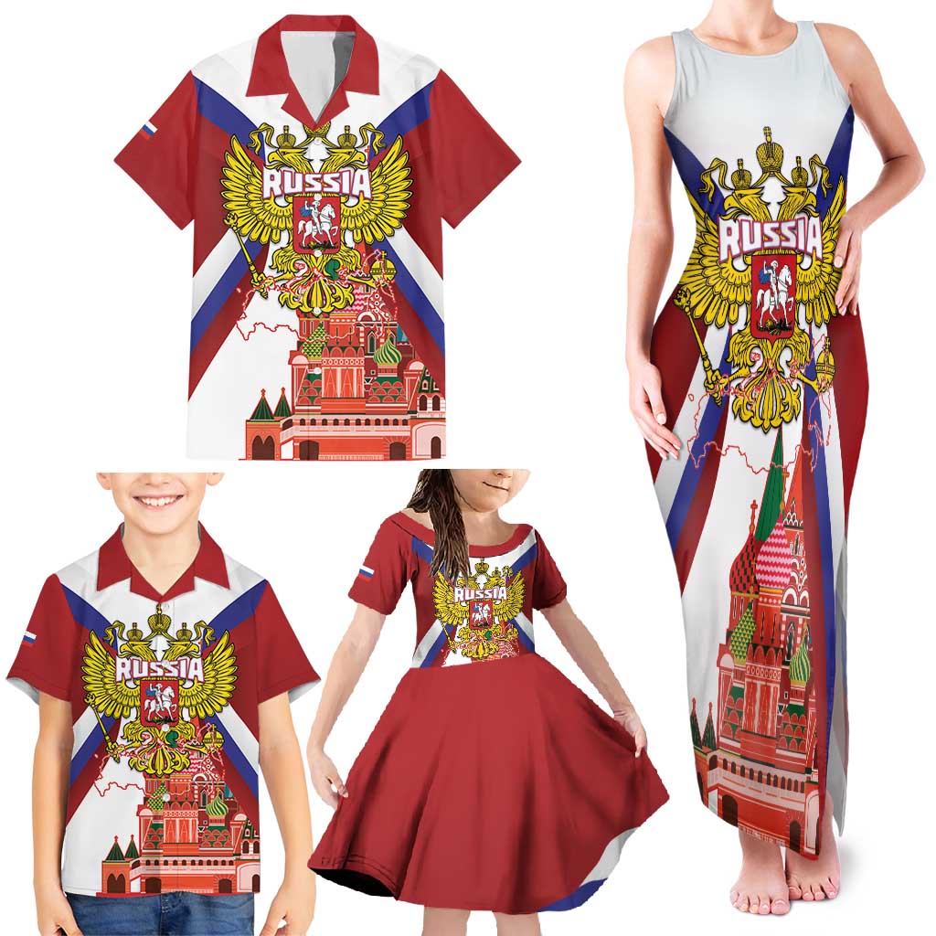 Russia Day Family Matching Tank Maxi Dress and Hawaiian Shirt Coat Of Arms With Saint Basil's Cathedral