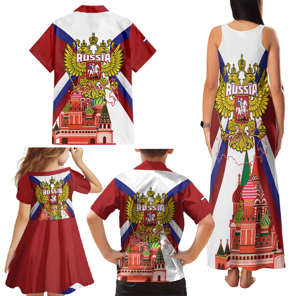 Russia Day Family Matching Tank Maxi Dress and Hawaiian Shirt Coat Of Arms With Saint Basil's Cathedral