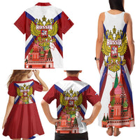 Russia Day Family Matching Tank Maxi Dress and Hawaiian Shirt Coat Of Arms With Saint Basil's Cathedral