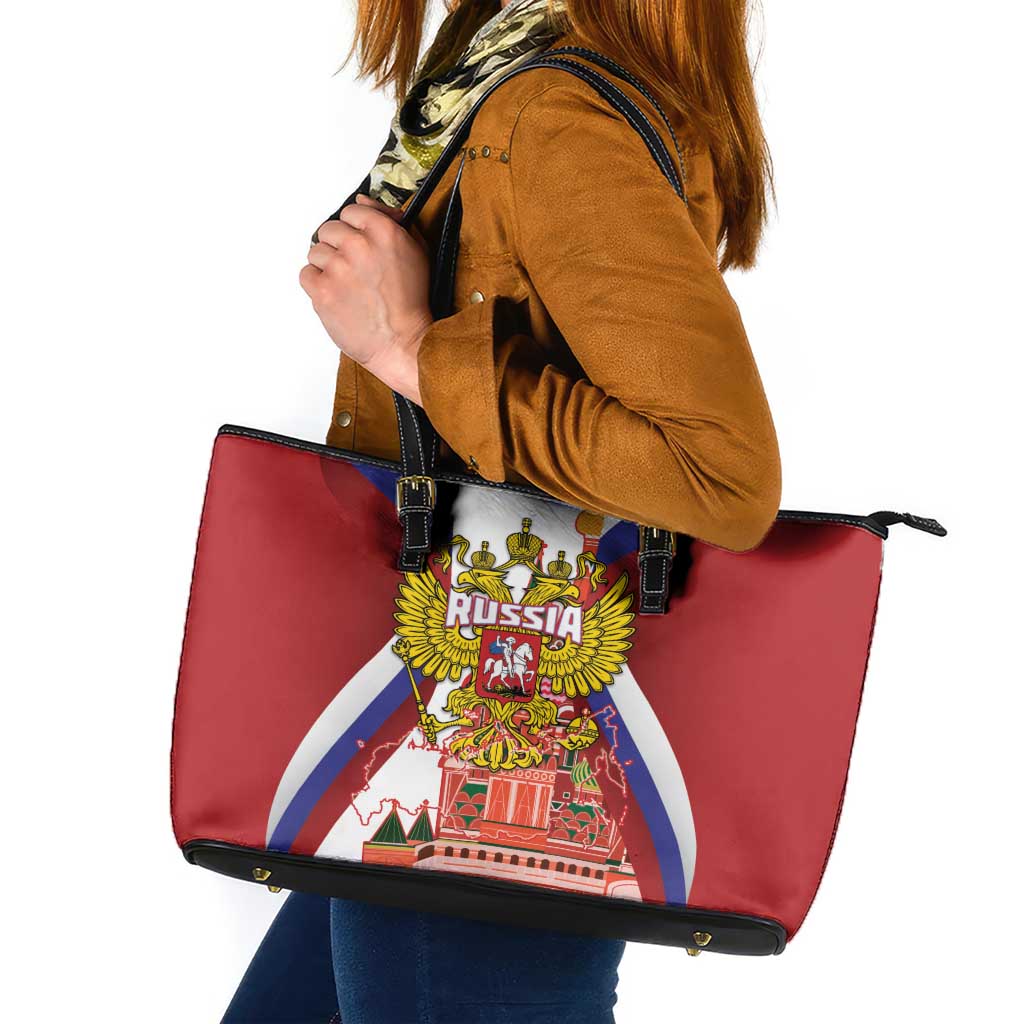 Russia Day Leather Tote Bag Coat Of Arms With Saint Basil's Cathedral